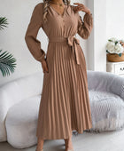 Pleated Tied V-Neck Long Sleeve Dress