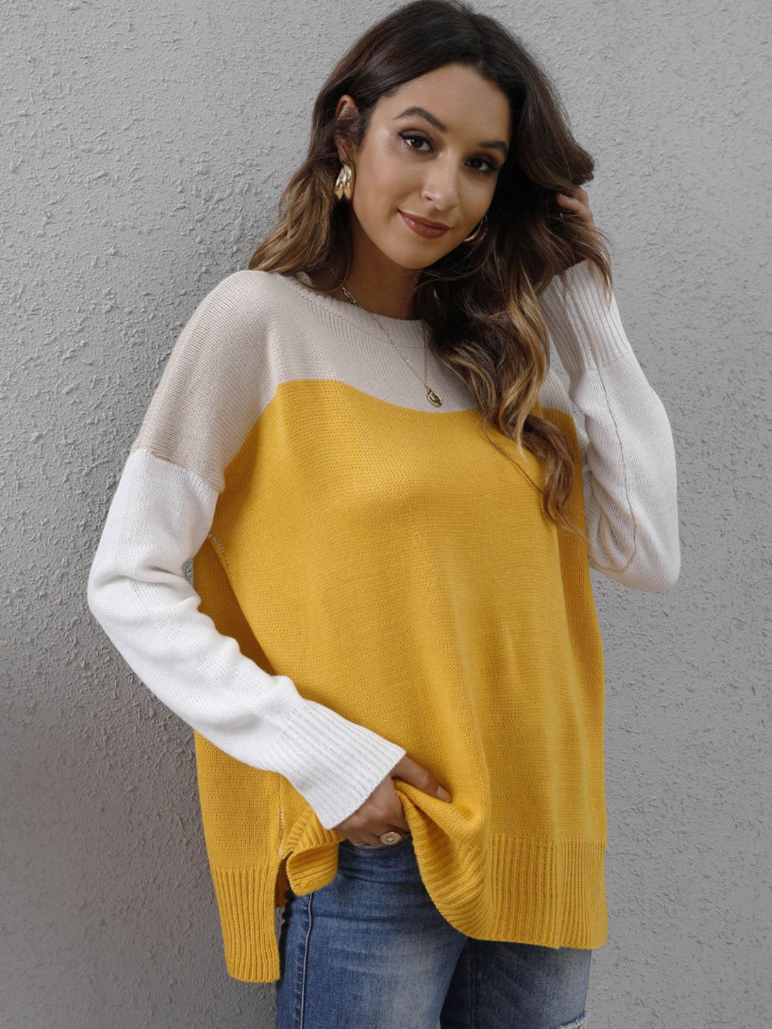 Color Block Round Neck Sweater - Body By J'ne