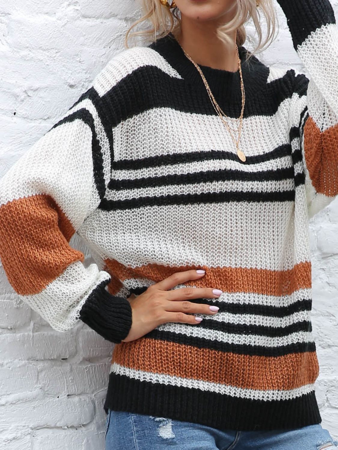 Contrast Striped Round Neck Long Sleeve Sweater - Body By J'ne