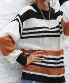 Contrast Striped Round Neck Long Sleeve Sweater