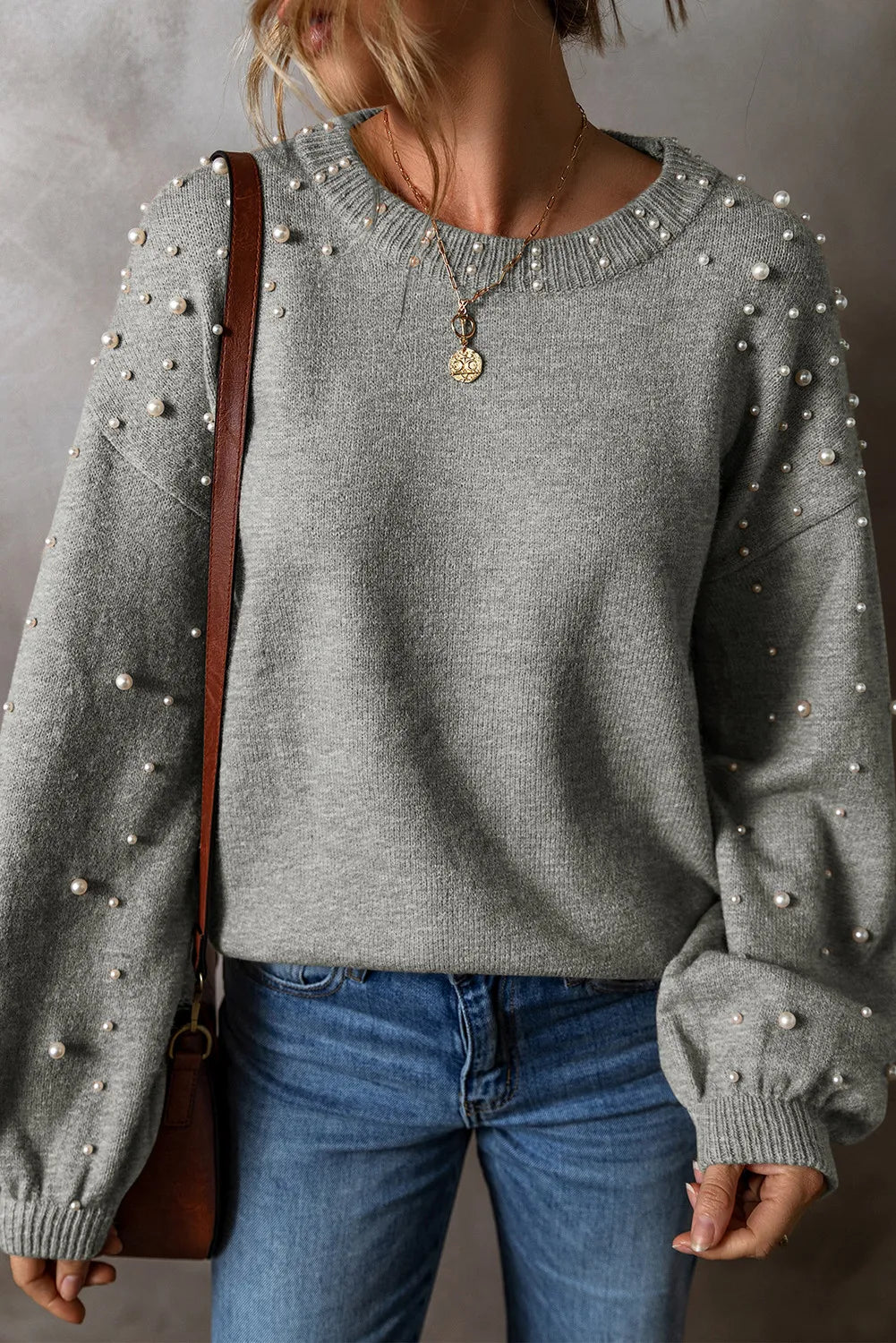 Pearl Detail Round Neck Long Sleeve Sweater - Body By J'ne