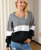Color Block V Neck Long Sleeve Sweater