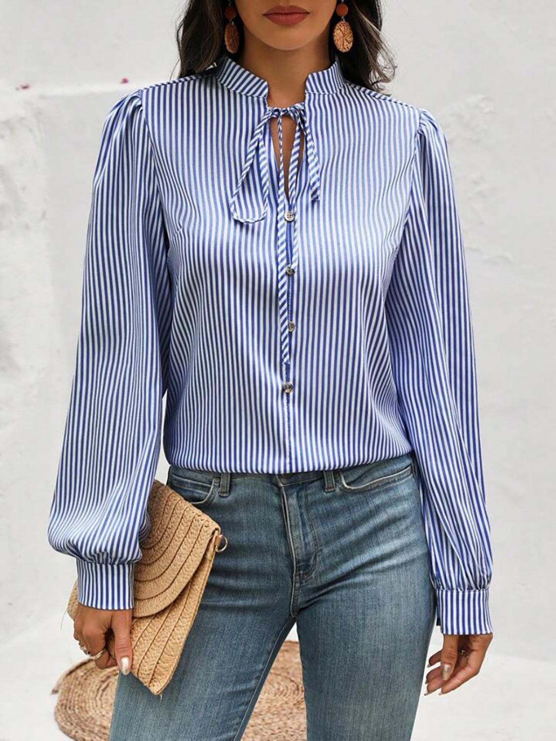 Striped Tie Neck Long Sleeve Blouse - Body By J'ne