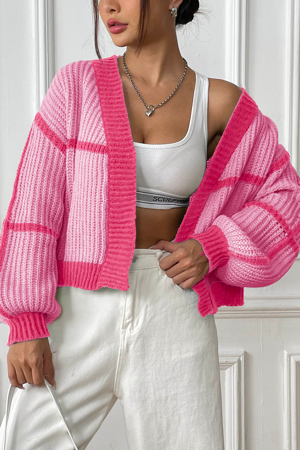 Contrast Open Front Long Sleeve Cardigan - Body By J'ne