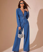 Plunge Long Sleeve Wide Leg Denim Jumpsuit