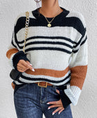 Contrast Striped Round Neck Long Sleeve Sweater