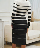 Color Block Round Neck Long Sleeve Midi Dress