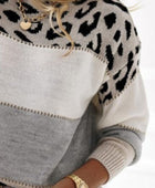 Leopard Color Block Round Neck Long Sleeve Sweater