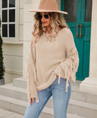 Fringe Round Neck Dropped Shoulder Sweater - Body By J'ne