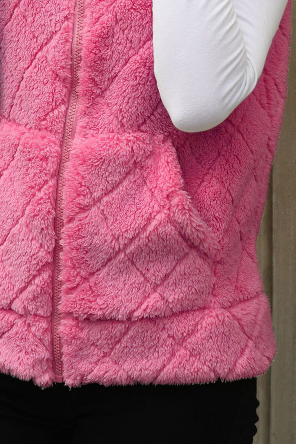 Fuzzy Plaid Texture Zip Up Vest Coat - Body By J'ne