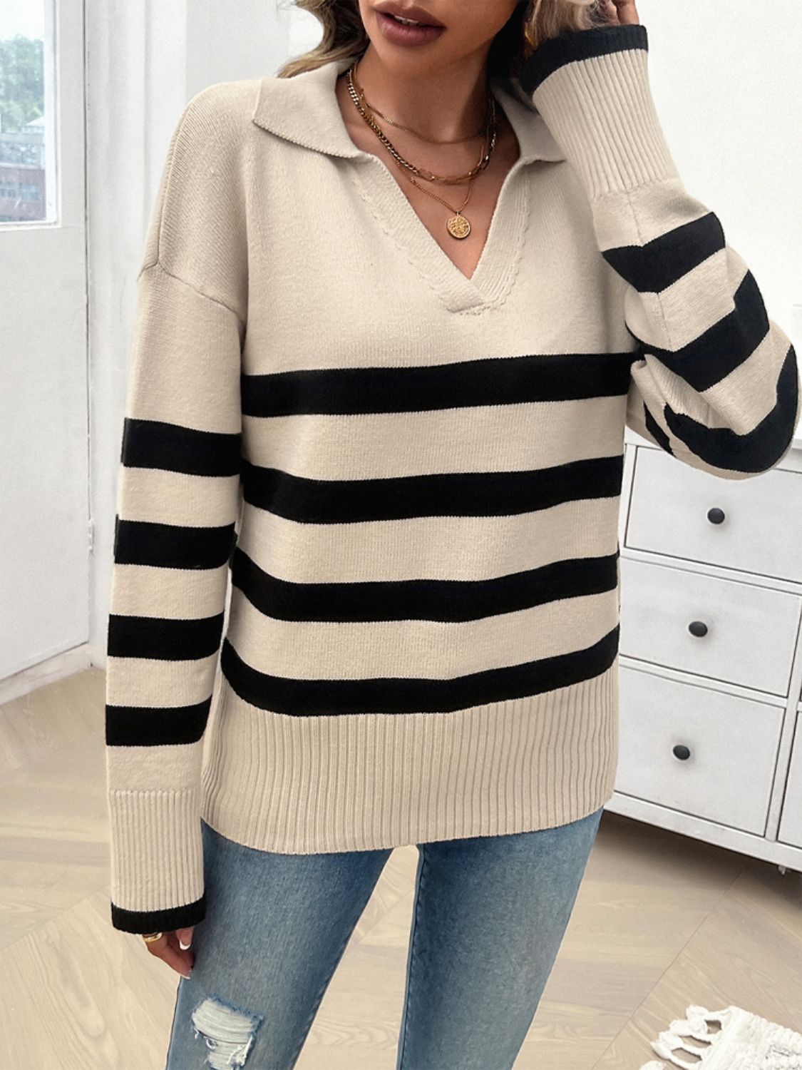 Striped Collared Neck Long Sleeve Sweater - Body By J'ne
