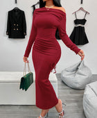 Drawstring Textured Long Sleeve Wrap Dress