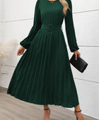 Perfee Pleated Round Neck Long Sleeve Midi Dress