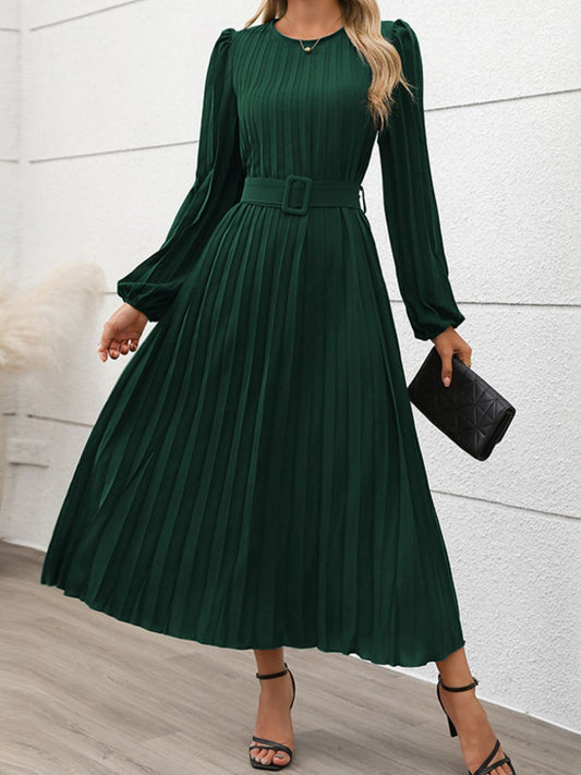 Perfee Pleated Round Neck Long Sleeve Midi Dress