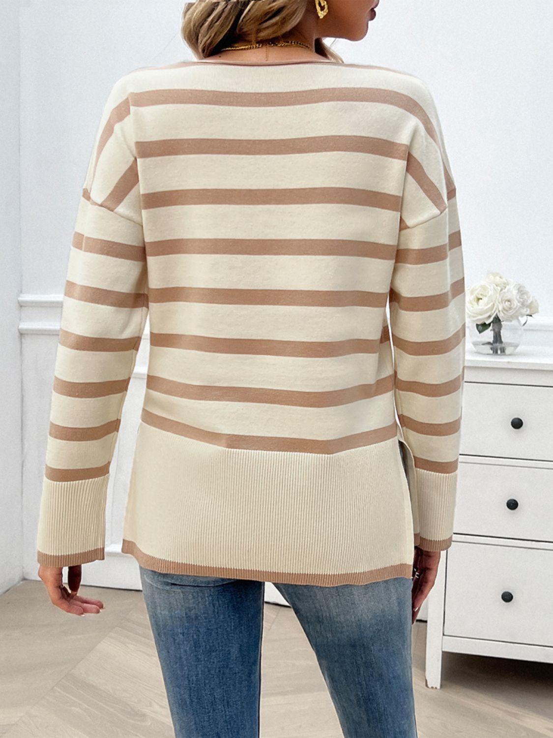 Striped V-Neck Long Sleeve Knit Top - Body By J'ne