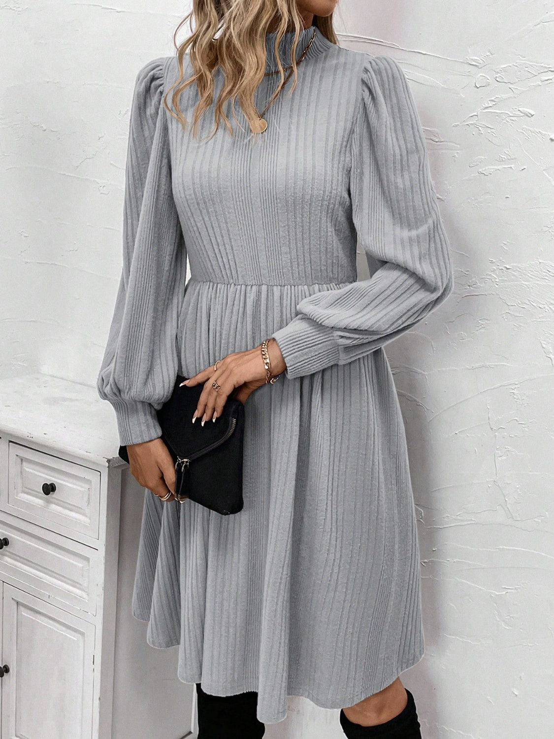 Textured Turtleneck Long Sleeve Dress - Body By J'ne