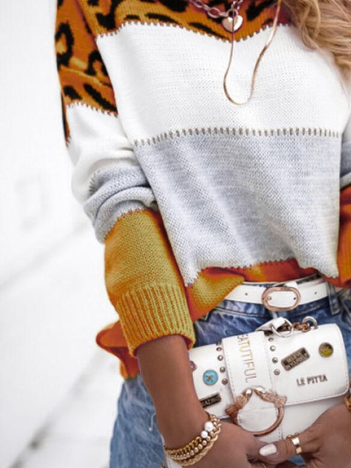 Leopard Color Block Round Neck Long Sleeve Sweater - Body By J'ne