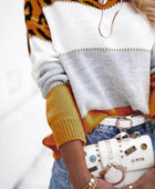 Leopard Color Block Round Neck Long Sleeve Sweater