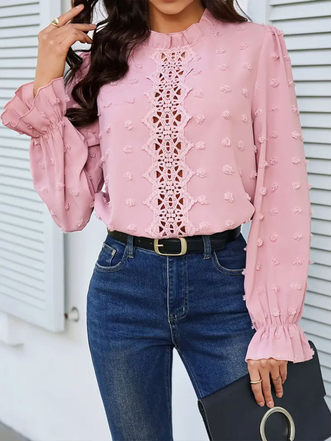 Swiss Dot Mock Neck Flounce Sleeve Blouse - Body By J'ne