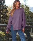 Slit Round Neck Long Sleeve Sweatshirt