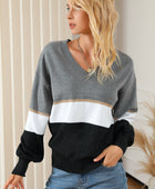 Color Block V Neck Long Sleeve Sweater