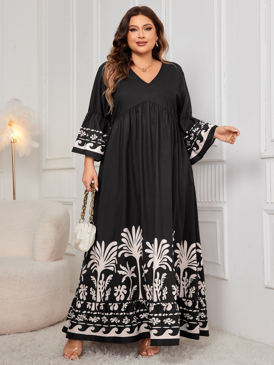 Plus Size Printed V-Neck Long Sleeve Maxi Dress - Body By J'ne