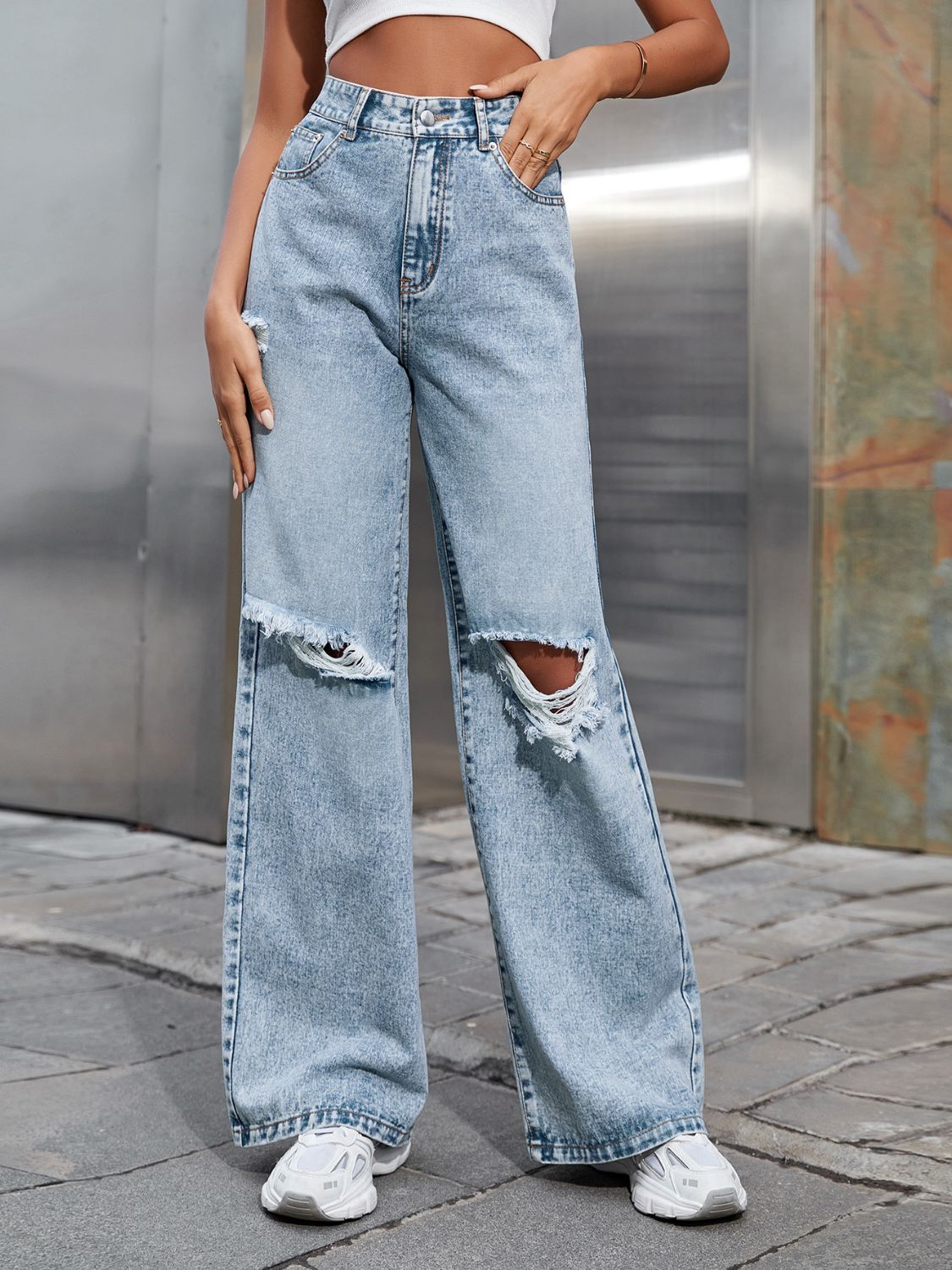 Distressed Wide Leg Jeans with Pockets - Body By J'ne