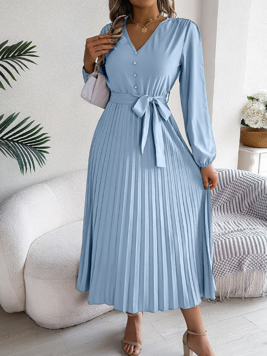 Pleated Tied V-Neck Long Sleeve Dress - Body By J'ne