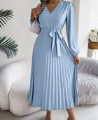 Pleated Tied V-Neck Long Sleeve Dress