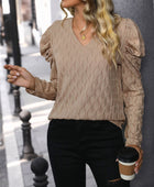 Perfee Textured V-Neck Long Sleeve Top