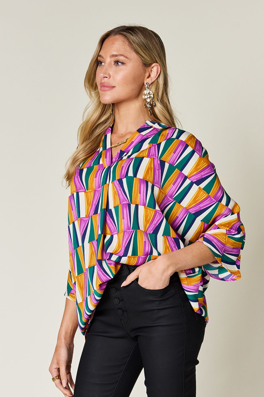 Full Size Geometric Notched Raglan Sleeve Blouse - Body By J'ne