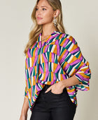 Full Size Geometric Notched Raglan Sleeve Blouse - Body By J'ne