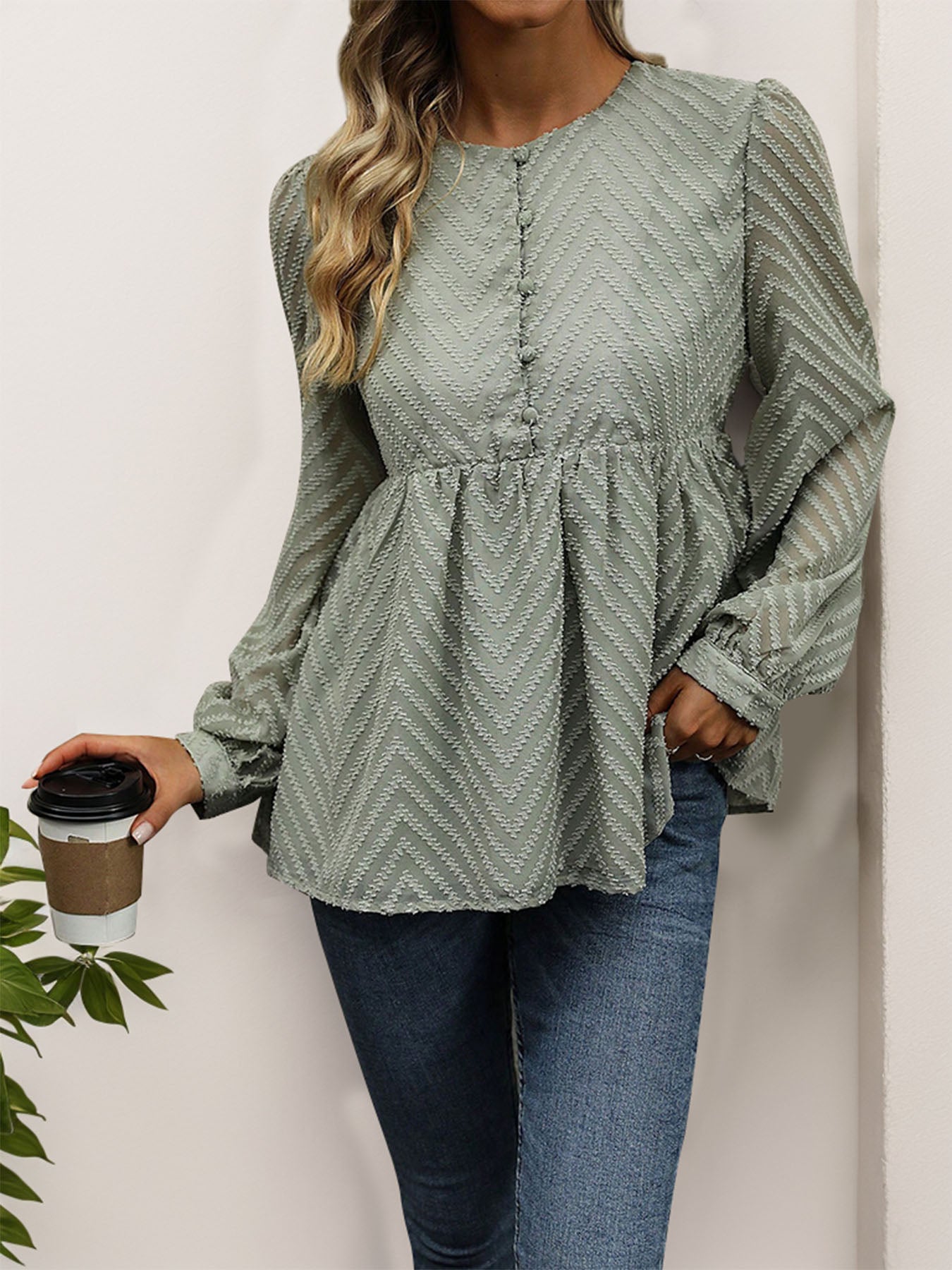 Perfee Peplum Round Neck Long Sleeve Blouse - Body By J'ne