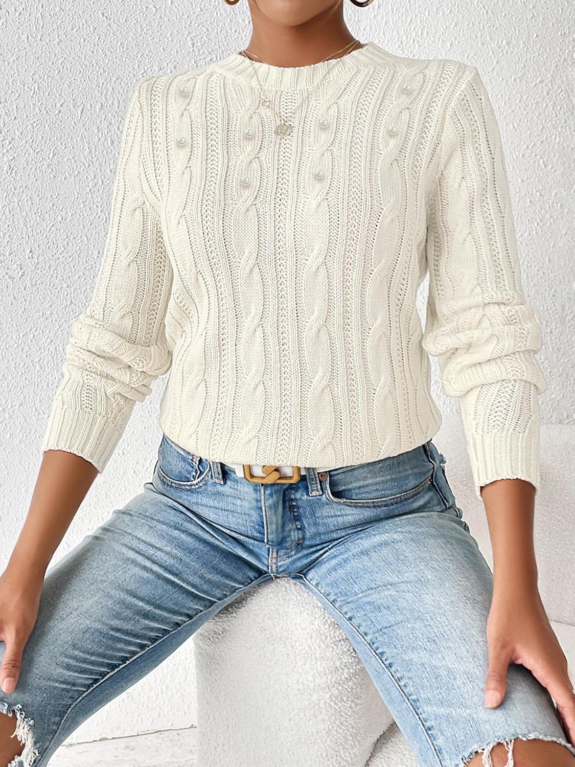 Cable-Knit Round Neck Long Sleeve Sweater - Body By J'ne