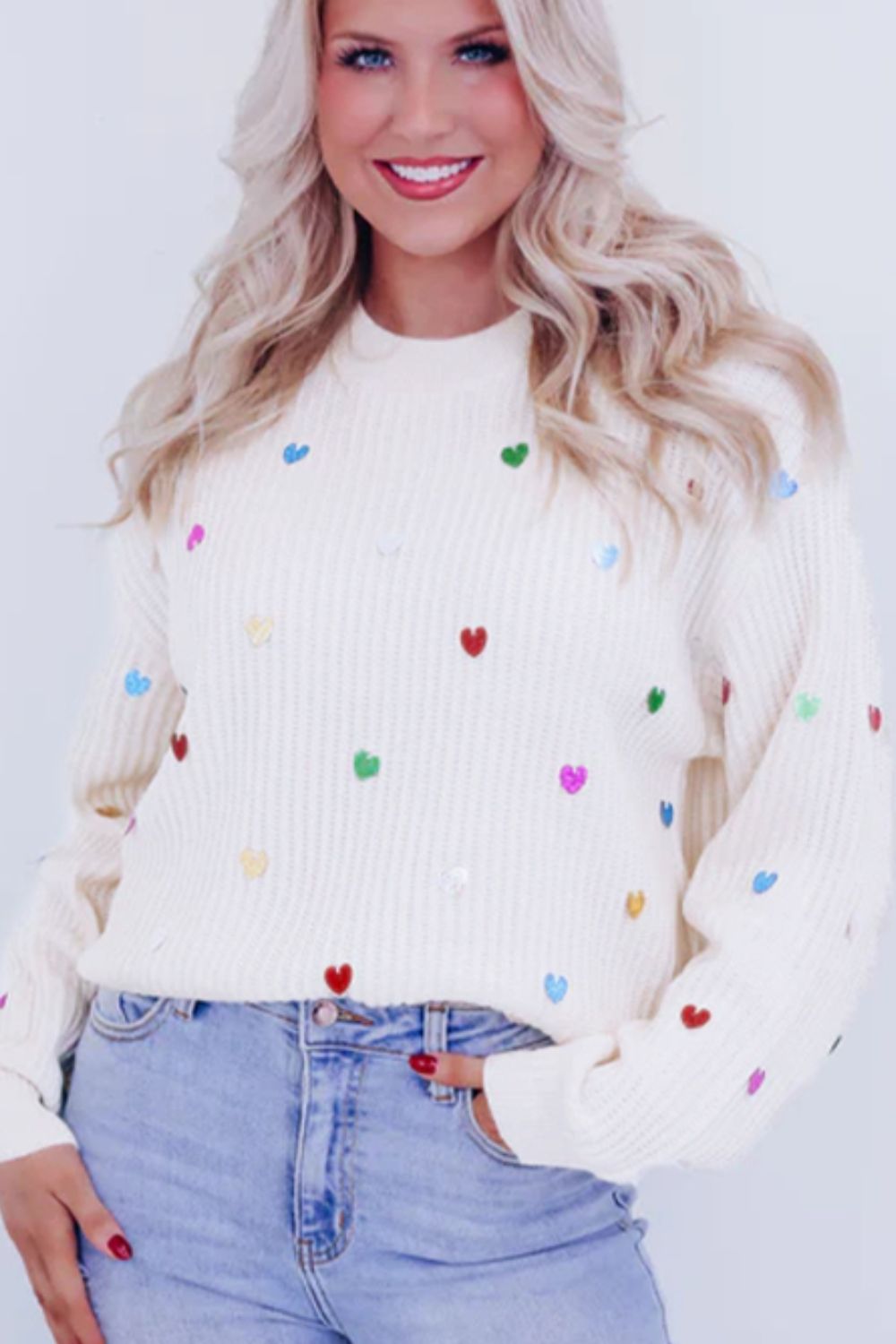 Heart Sequin Round Neck Long Sleeve Sweater - Body By J'ne