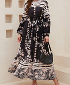 Printed Round Neck Long Sleeve Maxi Dress with Pockets