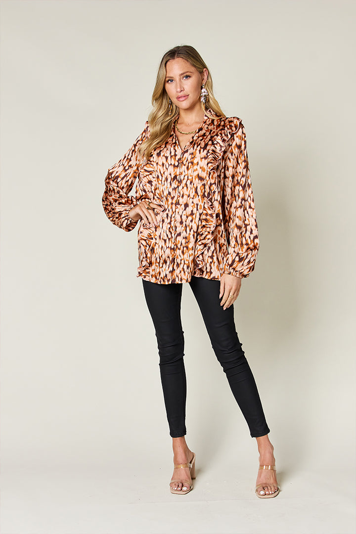 Full Size Printed Ruffle Trim Balloon Sleeve Shirt - Body By J'ne