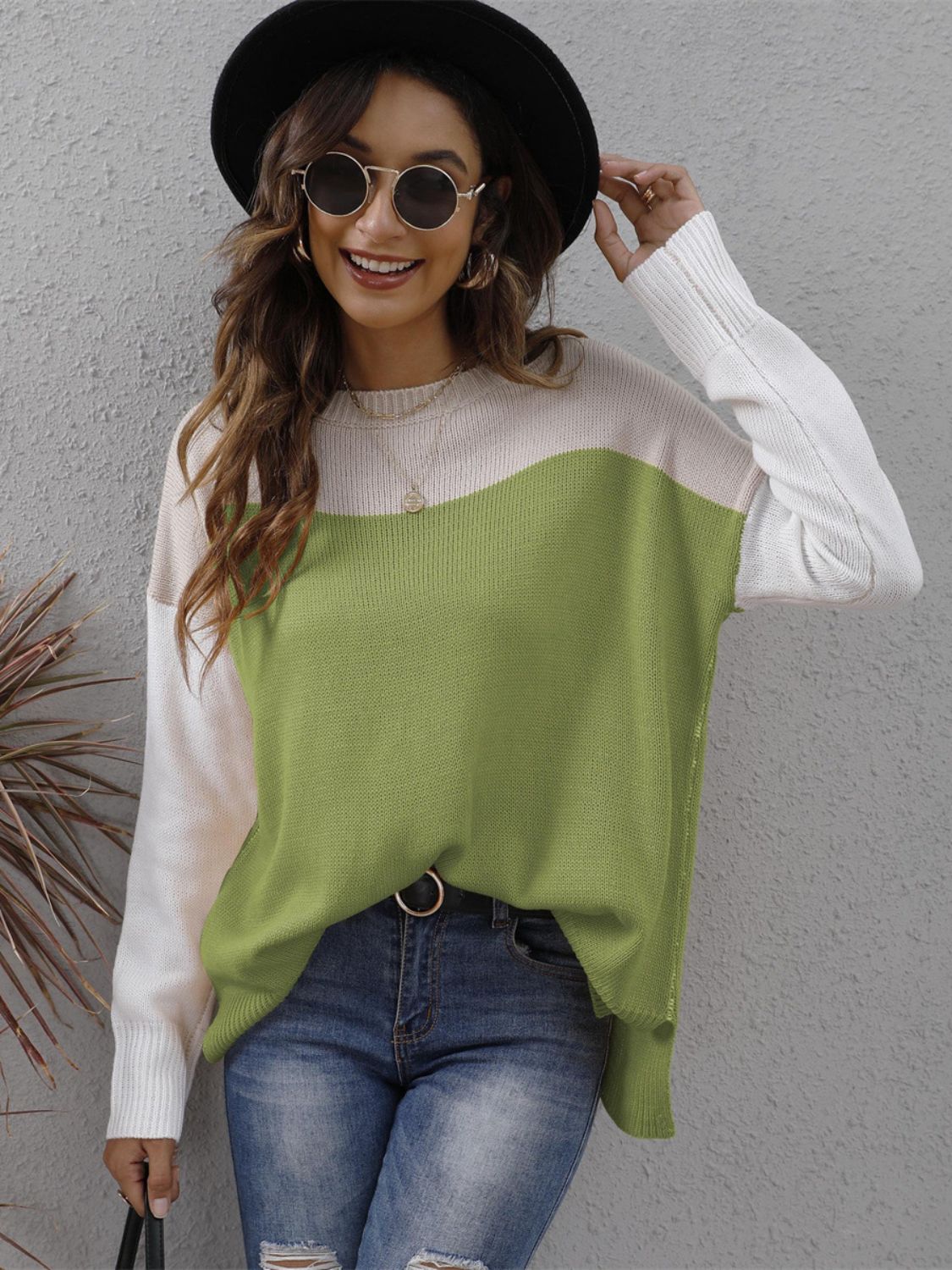 Color Block Round Neck Sweater - Body By J'ne