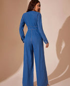 Plunge Long Sleeve Wide Leg Denim Jumpsuit