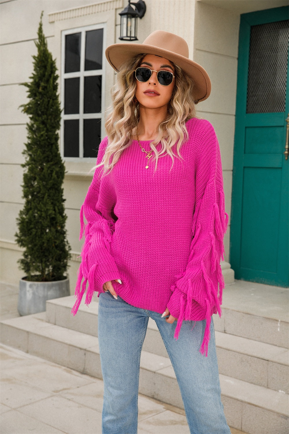 Fringe Round Neck Dropped Shoulder Sweater - Body By J'ne