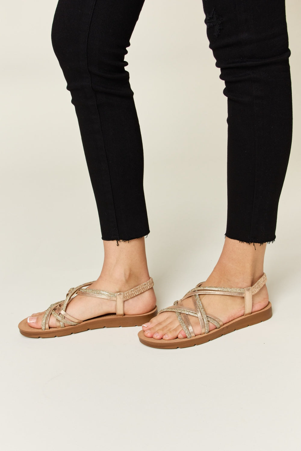 Rhinestone Crisscross Flat Sandals - Body By J'ne