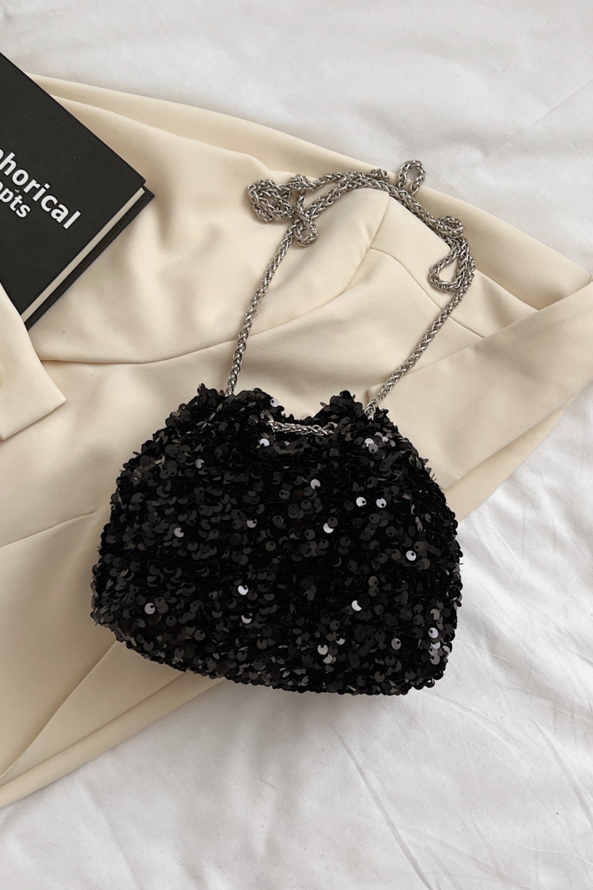 Sequin Chain Drawstring Bucket Bag