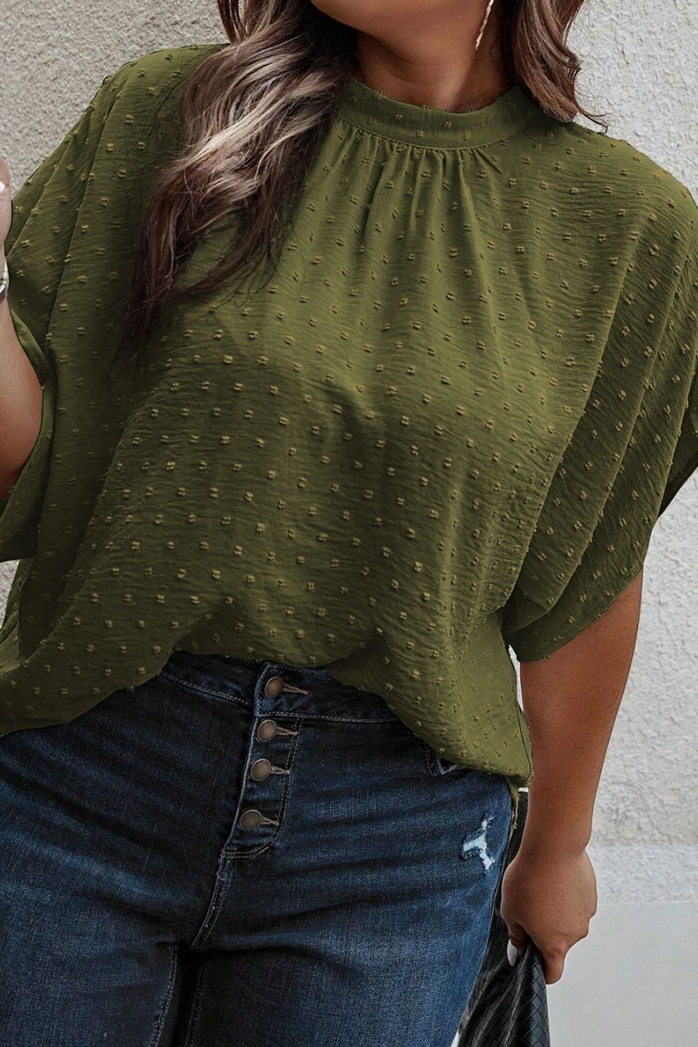 Plus Size Swiss Dot Tied Mock Neck Blouse - Body By J'ne