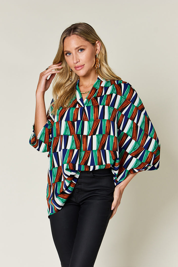 Full Size Geometric Notched Raglan Sleeve Blouse - Body By J'ne