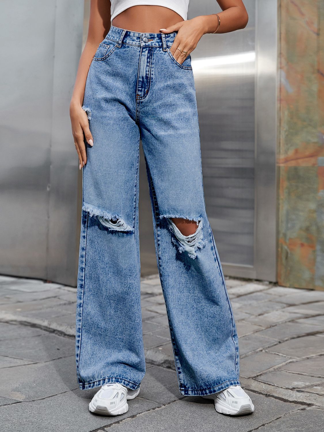 Distressed Wide Leg Jeans with Pockets - Body By J'ne