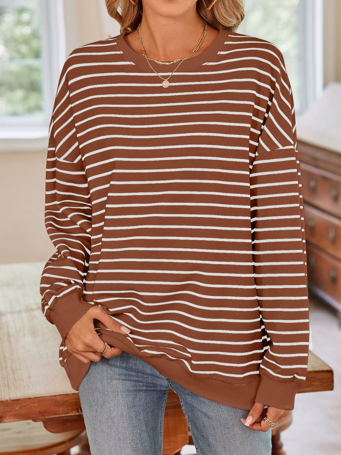 Lovelet Striped Round Neck Long Sleeve Sweatshirt - Body By J'ne