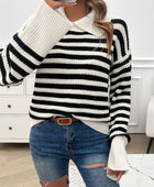 Devine Striped Collared Neck Long Sleeve Sweater