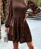 Devine Smocked Round Neck Balloon Sleeve Mini Dress