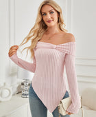 Ribbed Asymmetrical Hem Off-Shoulder Long Sleeve T-Shirt