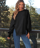 Slit Round Neck Long Sleeve Sweatshirt